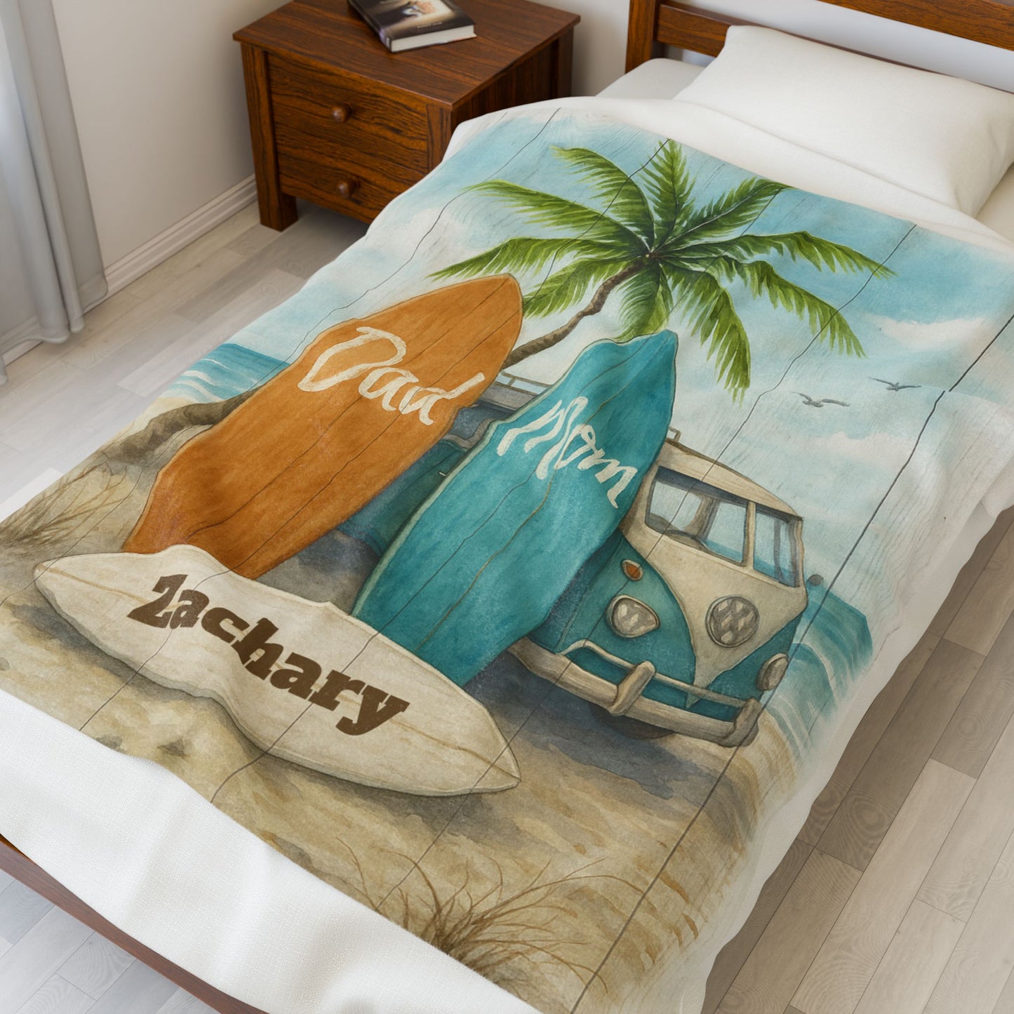 Personalized Surf Family Blanket – Velveteen Plush | Cozy Beach Vibes for Mom, Dad & Baby