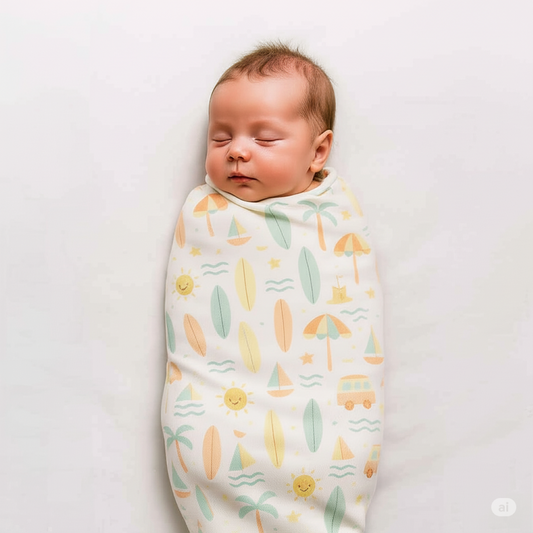Pastel Tropical Surf Baby Swaddle Blanket – Soft, Breathable & Beach-Inspired Newborn Wrap