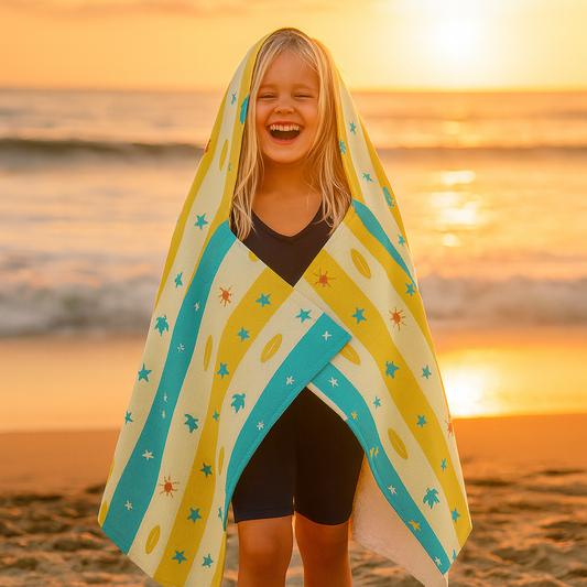 Beach-Themed Kids Hooded Towel – Stripes & Retro Surf