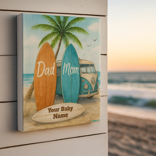 Personalized Beach Surfboard Canvas Wall Art – Custom Baby Name, Coastal Nursery & Family Gift