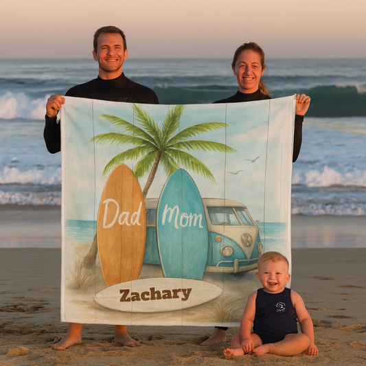 Personalized Surf Family Blanket – Velveteen Plush | Cozy Beach Vibes for Mom, Dad & Baby